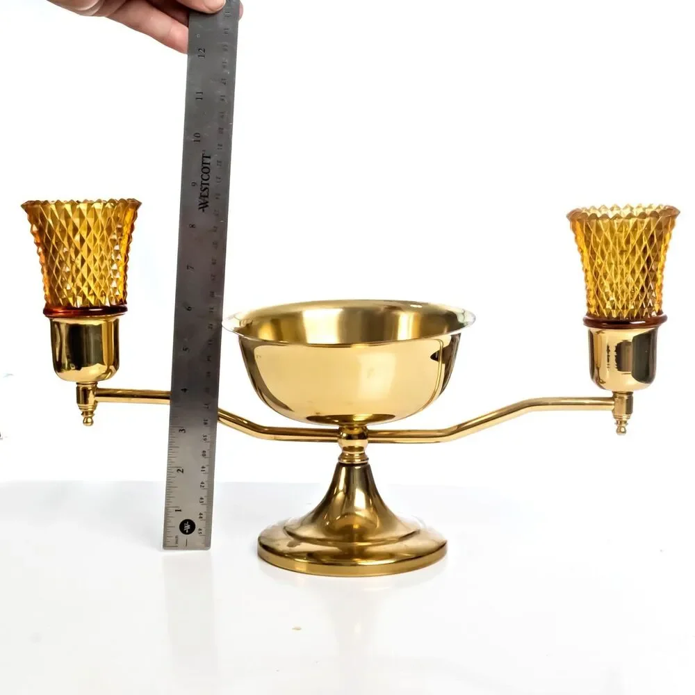 Brass Double Candle Holder with Hobnail Amber Glass Votives